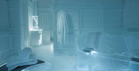 interior of sauna made of ice inside Icehotel