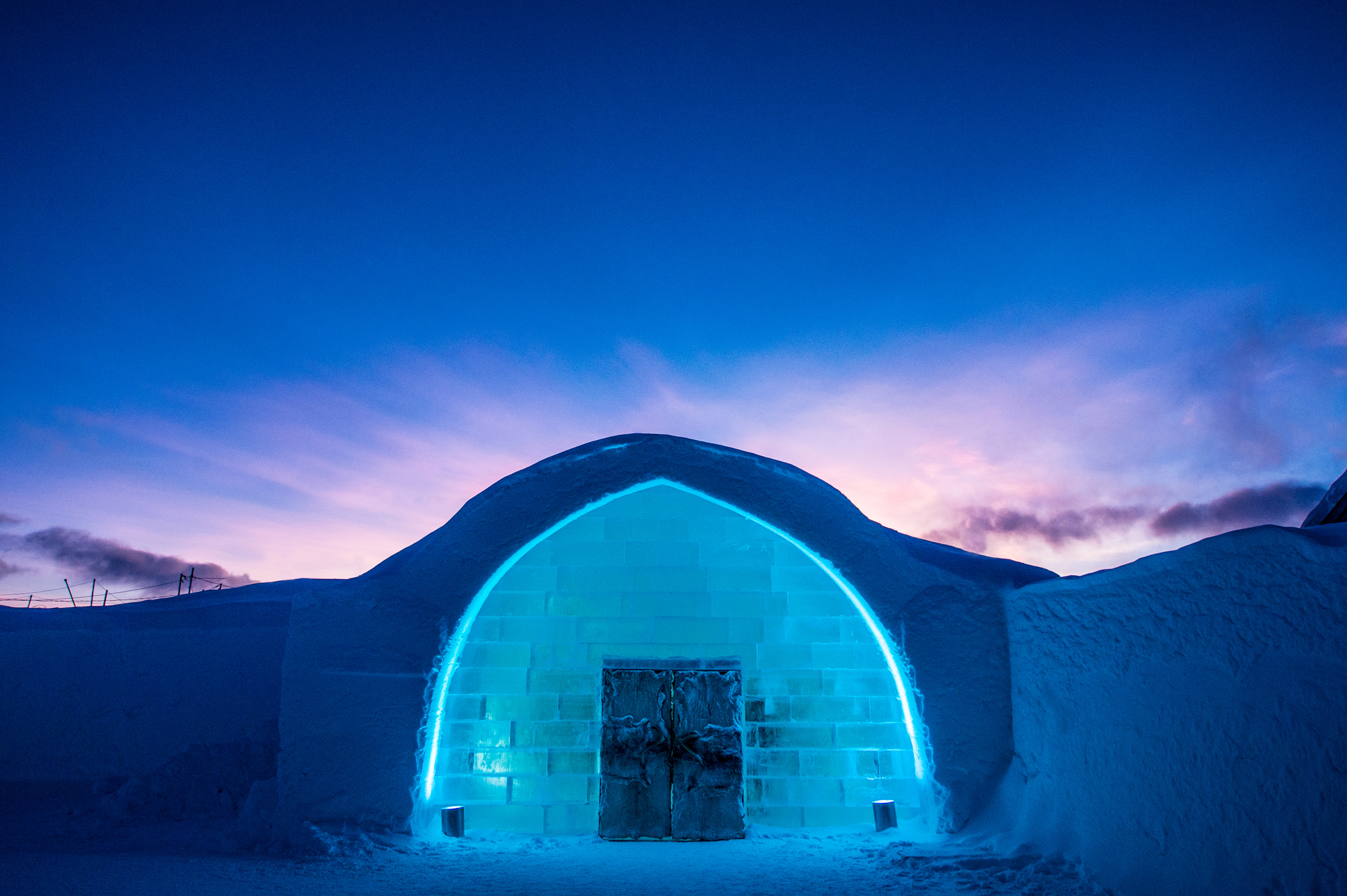 Icehotel entrance of the ice hotel blue twilight