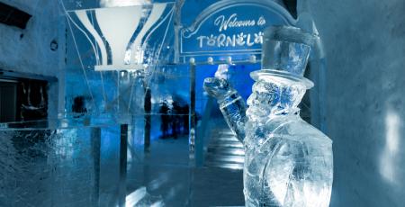 a circus director made of ice in icebar by icehotel