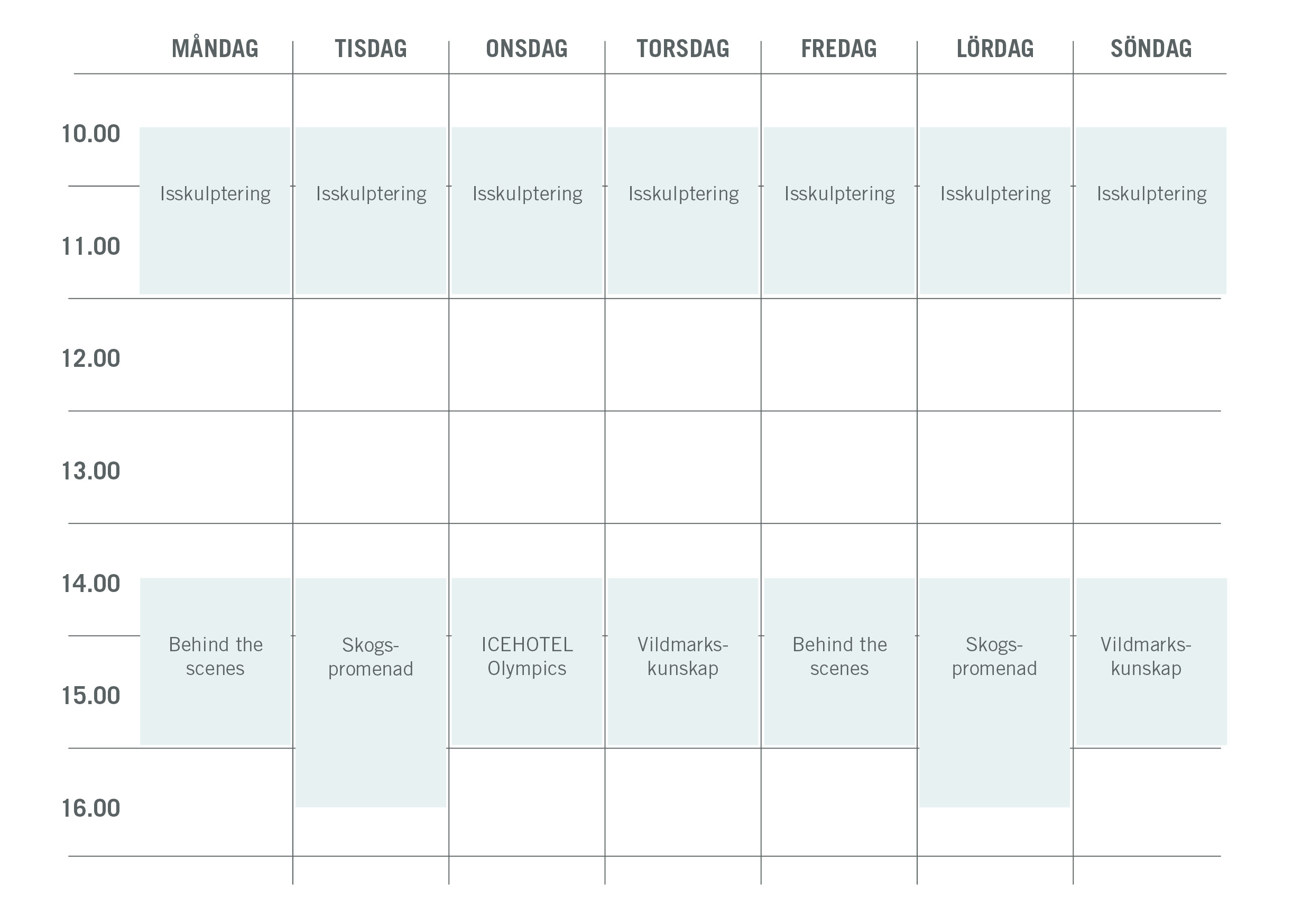 Måndag: 10.30-12.00 Isskulptering, 14.30-16.00 Behind the scenes Tisdag: 10.30-12.00 Isskulptering, 14.30-16.30 Skogspromenad Onsdag: 10.30-12.00 Isskulptering, 14.30-16.00 ICEHOTEL Olympics Torsdag: 10.30-12.00 Isskulptering, 14.30-16.00 Vildmarkskunskap Fredag: 10.30-12.00 Isskulptering, 14.30-16.00 Behind the scenes Lördag: 10.30-12.00 Isskulptering, 14.30-16.30 Skogspromenad Söndag: 10.30-12.00 Isskulptering, 14.30-16.00 Vildmarkskunskap