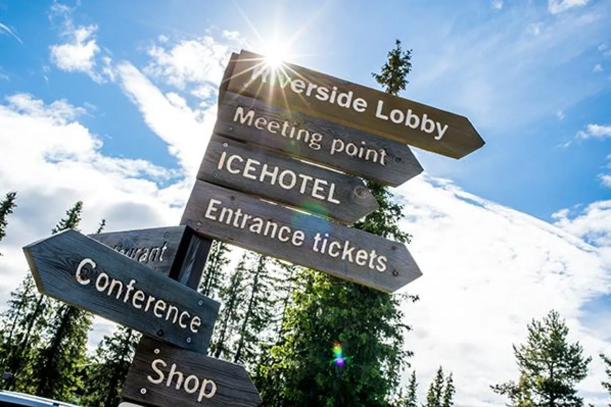 Wooden signs at Icehotel
