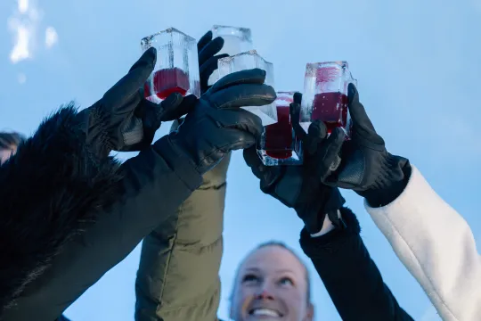 people celebrating in ice bar with ice drink